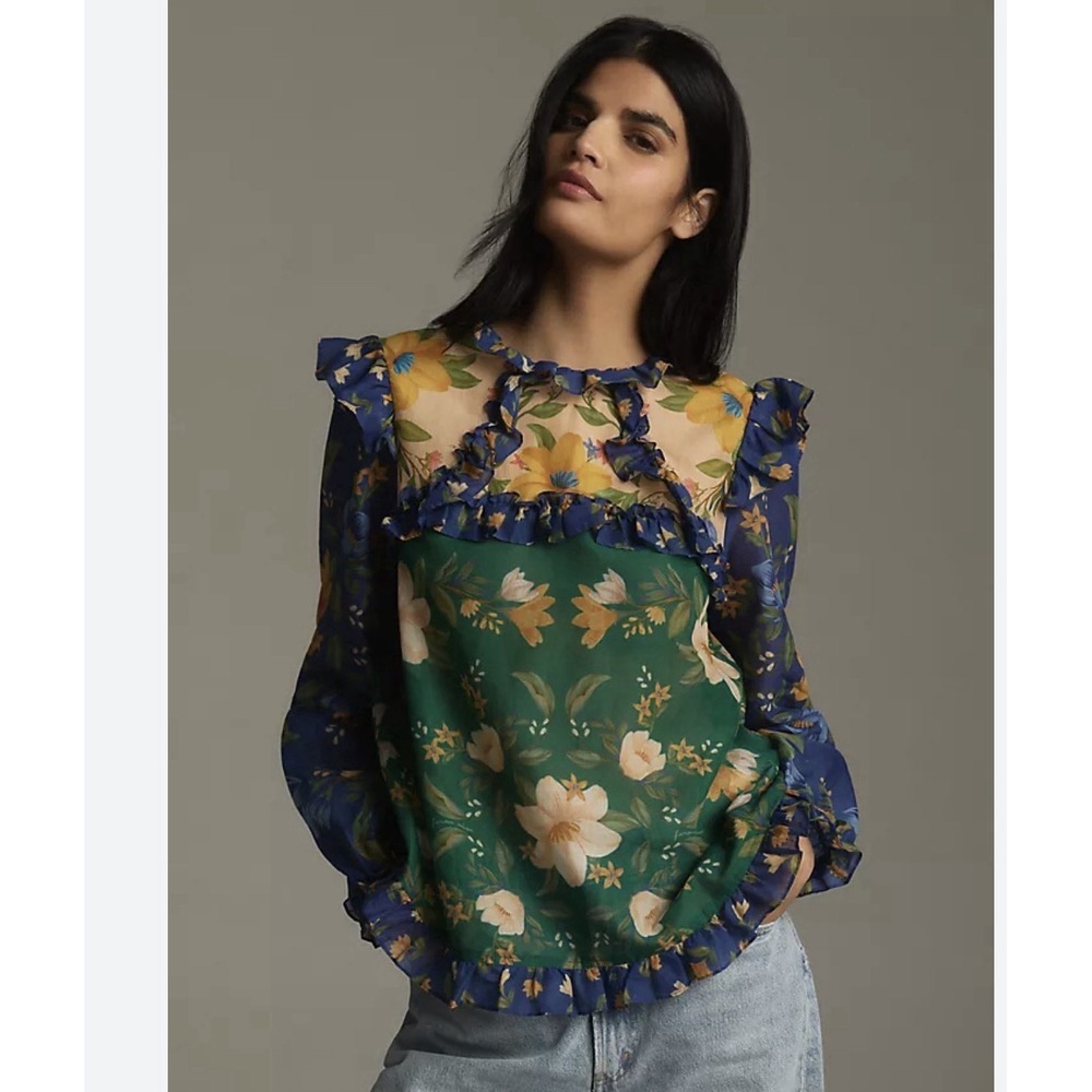 Anthropologie Farm Rio Long-Sleeve High-Neck Sheer Ruffled Floral Blouse Med‎